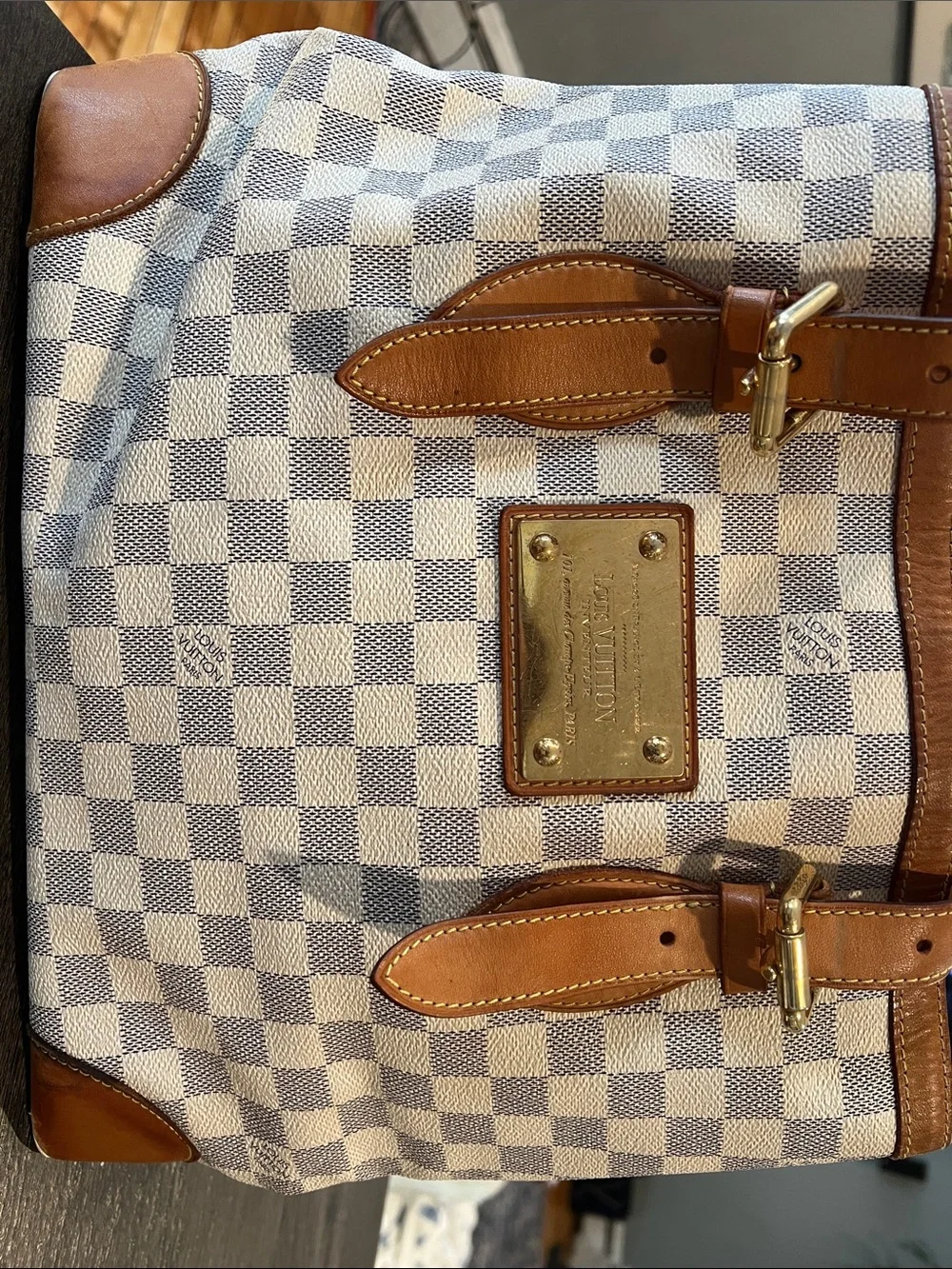 Louis Vuitton Damier Azur Canvas Duffel with Tan Leather Trim